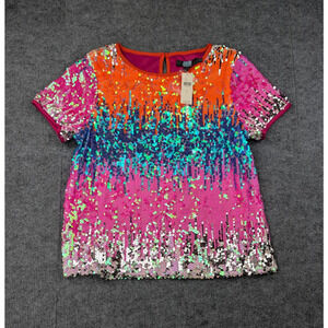 Eva Franco Sequin Top Womens Small Party Sparkle Anthropologie Rainbow Glam Tee